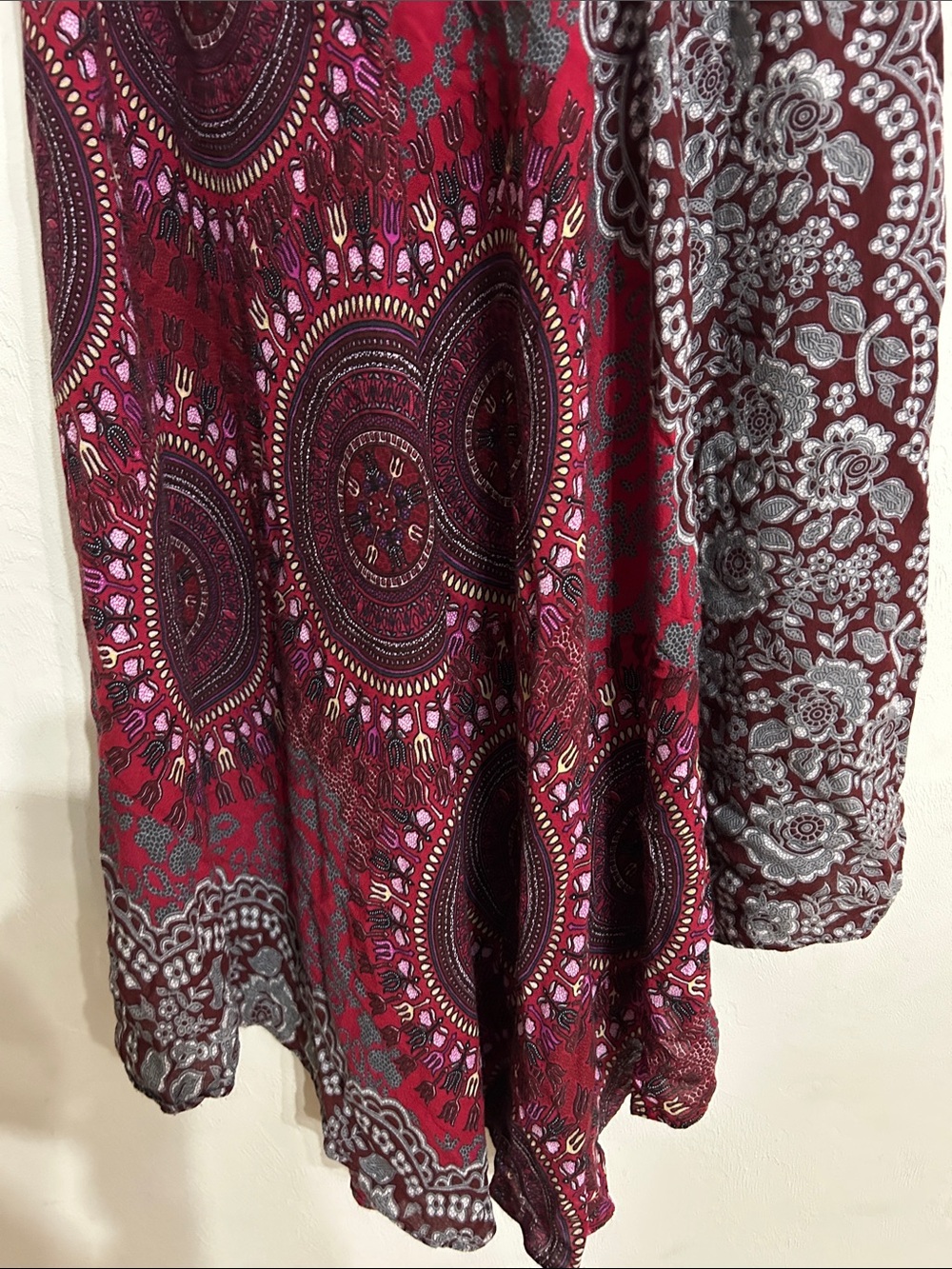 Tie-Waist & Elastic Burgundy Patterned Maxi Skirt Boho Style Youth Small - Picture 4 of 8